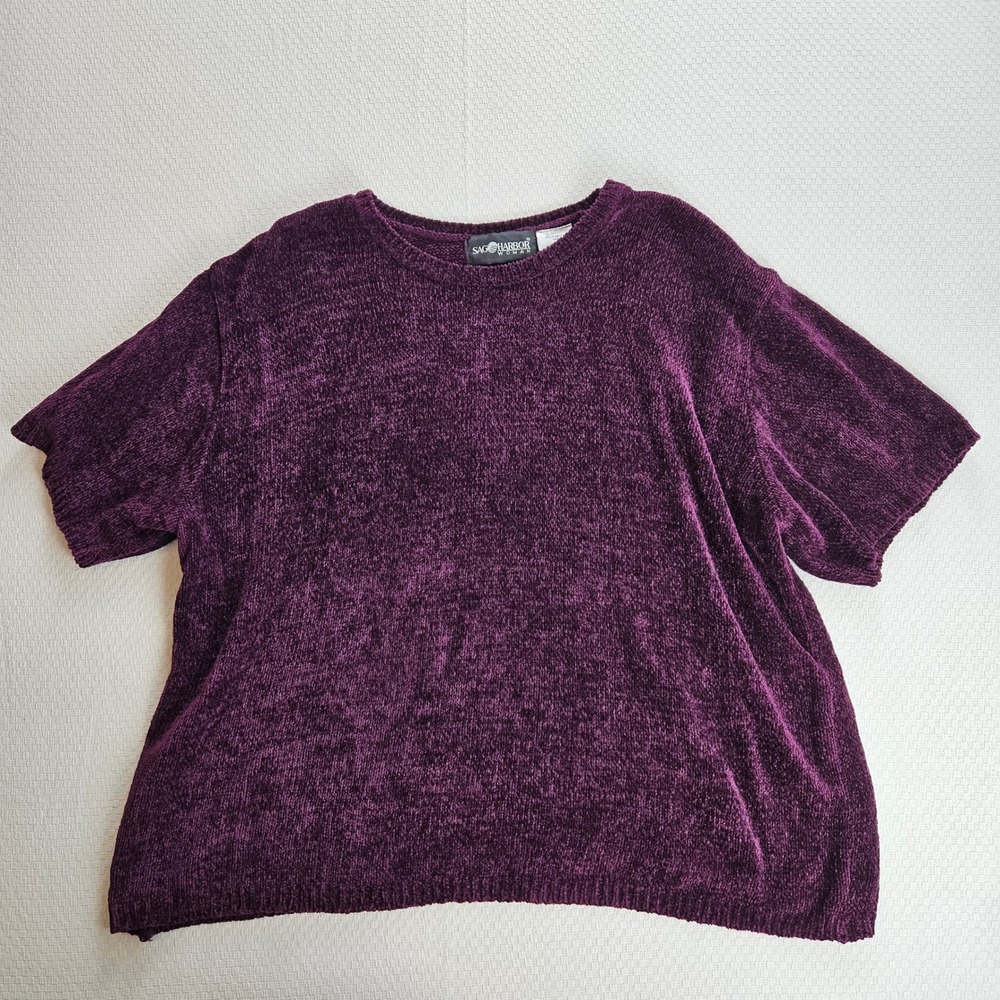 Vintage 90s Sag Harbor Woman Plum Purple Chenille Short Sleeve Sweater 2XL Relax